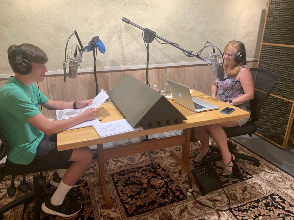 William and his mother recording their story in Healthy Kids, Happy Moms audiobook