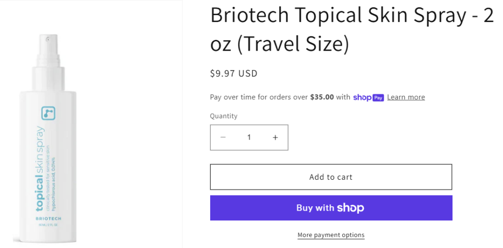 travel size bottle of briotech skin spray benefits