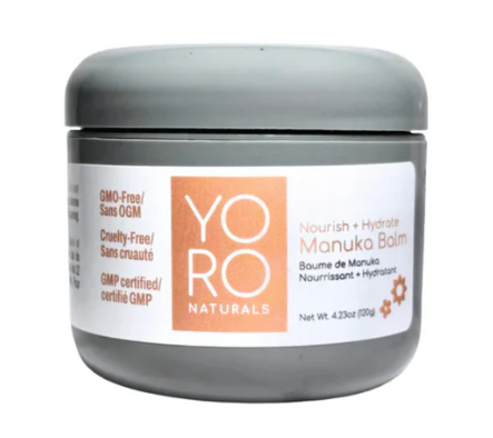 Yoro Naturals Manuka Balm jar with summer eczema prevention tips for soothing and hydrating dry skin.