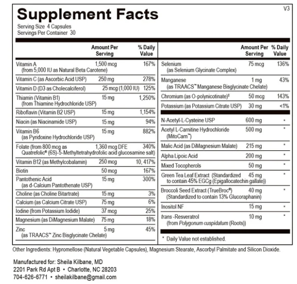 the supplement label for HKHM MultiVite+, a high quality multivitamin for kids and adults